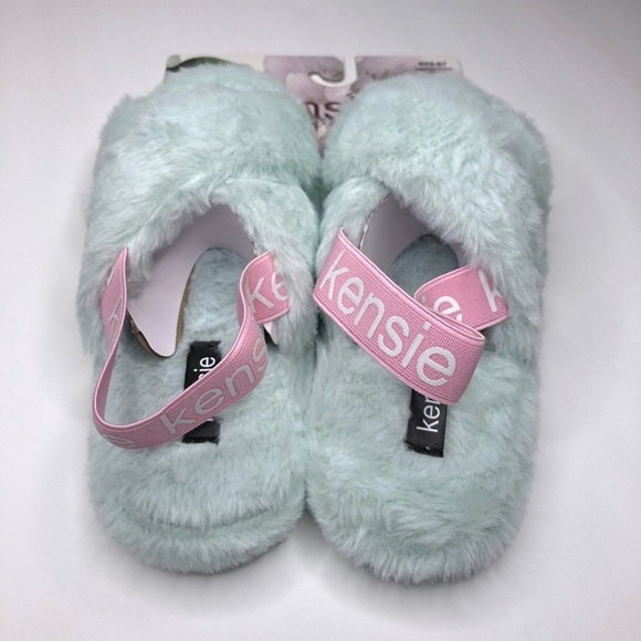 KENSIE Memory Foam Slippers Faux Fur Mint Green / Turquoise Pink Straps Sz S 6/7 - Picture 3 of 8